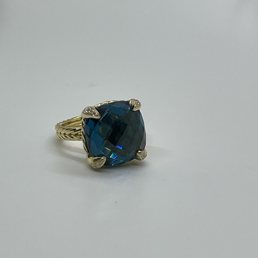 David Yurman Chatelaine Ring 18K Yellow Gold,Hampton Blue Topaz & Diamonds, 14mm - Picture 9 of 9